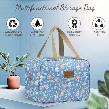 Велика косметичка для подорожей, жіноча косметичка-органайзер, косметичка для макіяжу з ручкою, #9 Листя (світло-блакитні квіти)