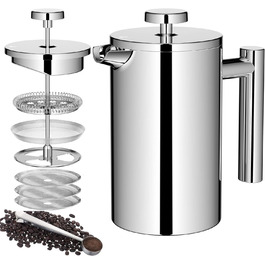 Френч-прес для кави, 600 мл, нержавіюча сталь, з 3-рівневою фільтрацією, подвійні стінки, з ложкою, сріблястий