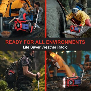 Радіо на сонячній батареї та ручному приводі Gemmac 5000mAh з Bluetooth, USB AM/FM, Power Bank, SOS-сигналом та ліхтариком - для кемпінгу та виживання (Червоне)