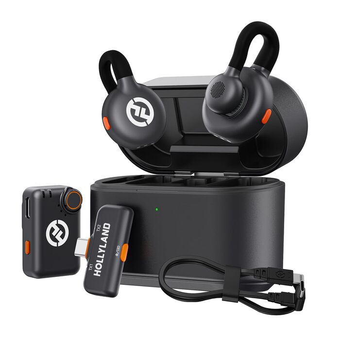 Hollyland Lark M2S Бездротовий мікрофон-лапка з USB-C для iPhone 15/16 та Android, кліпса Titan, Plug-and-Play, шумозаглушення, 300 м радіус дії, 27 годин роботи від акумулятора для Vlogging (2TX+2RX+1 Cable for Lightning, Чорний)