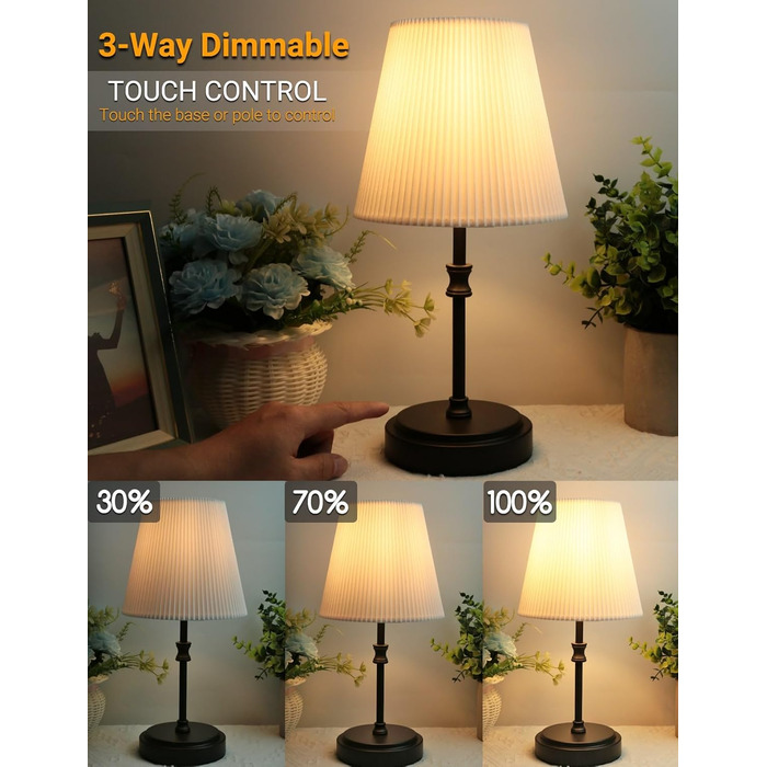 Торшер на тумбочку з сенсорним керуванням, регульована яскравість, 31.5 см, ретро-дизайн, чорний. Ідеальний подарунок на Новий Рік та Різдво