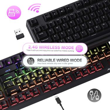 Механічна ігрова клавіатура Royal Kludge RK87G RGB TKL з 87 клавішами, без NumPad, тактильні коричневі перемикачі, підключення 2.4G, макроналаштування, чорний колір