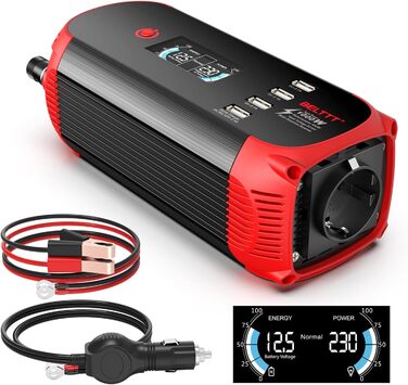 Автомобільний інвертор BELTTT 500W 12В-230В, 1000Вт пік, з LCD-дисплеєм, 4 USB, розетка EU для авто, кемпінгу, човна