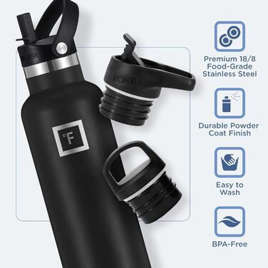 Фляга з нержавіючої сталі з 3 кришками - термофляга, витікання виключено - металева вода, подвійні стінки, ізольована, BPA-free, для спорту, школи, фітнесу, кемпінгу, колір: Чорний Полунічний, об'єм: 710 мл