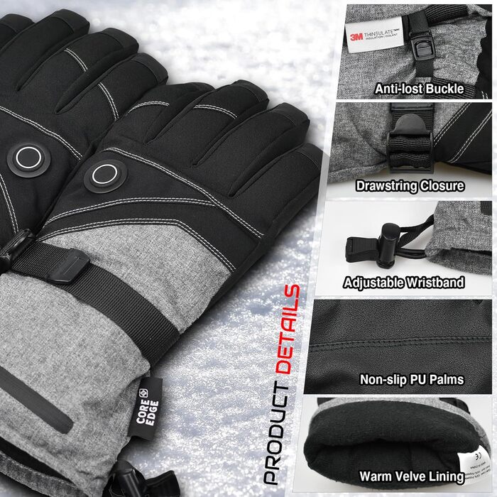 Гріючі рукавички 7.4V 3000mAh для жінок та чоловіків, гріючі рукавички для катання на лижах, сноуборді, мотоциклі, велосипеді, риболовлі, чорний