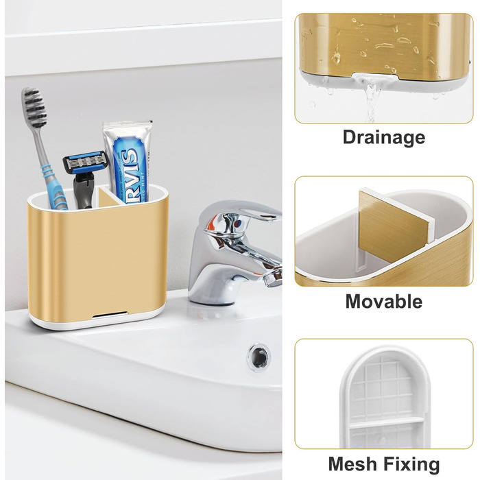Тримач для зубної щітки електричної, органайзер для ванної кімнати, знімний, з отвором для стоку води, для сім'ї, дітей (Brushed Gold, Medium)