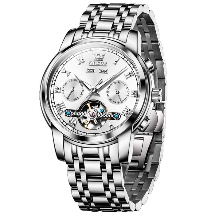 Чоловічий наручний годинник OLEVS 6607: кварцовий, водонепроникний, з ремінцем з натурального дерева, сріблястий/білий