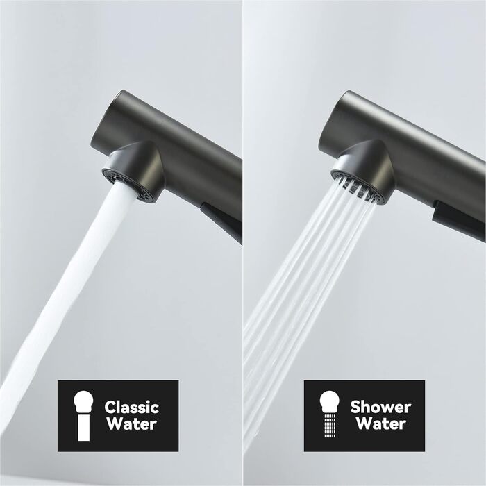 Змішувач кухонний висувний CECIPA з душем, нержавіюча сталь, 2 режими, 360° обертання, високий тиск, щіткова сталь (грашко-чорний)