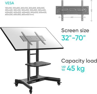ONKRON Mobile TV Stand with Wheels - Adjustable Height & Tilt for 32-70 inch TVs (up to 45kg) - VESA 600x400 - Black