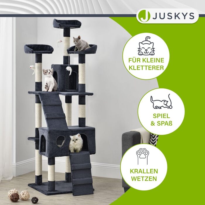 Дерево для котів Juskys Amy XXL з печерами, лежанками, сходами та сизалевими стовпчиками - стабільний котячий комплекс 170 см, сірий/темно-сірий