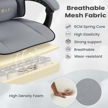 WOLTU Gaming Chair with Pocket Spring Cushion, Gaming Recliner with 330 lb Weight Capacity, Ergonomic Swivel Chair, Gamer Chair with Headrest, Lumbar Pillow, Footrest, Mesh Fabric, Grey, GS11gr Grey+Black Mesh Fabric