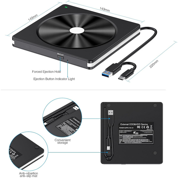 Зовнішній DVD/CD привід USB 3.0 та USB-C, DVD-записувач для ноутбука, ПК, Mac OS, Windows, Linux (Білий)