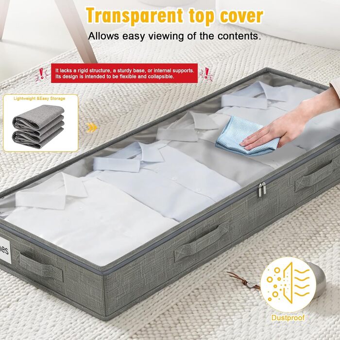 Набір органайзерів для зберігання під ліжком (2 шт), складні бокси з прозорим вікном та блискавкою для одягу та ковдр, 100x50x10 см, 50Л