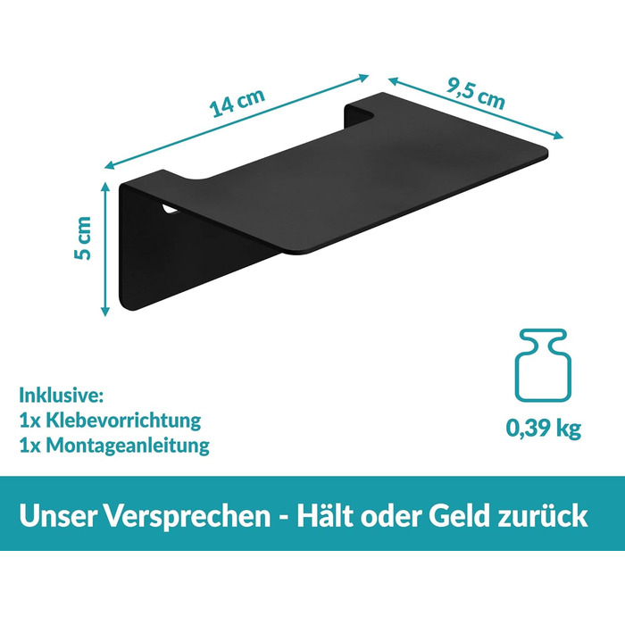 WEISSENSTEIN Badablage without Drilling - Stainless Steel Shelf for the Bathroom - 14 x 9.5 x 5 cm (14 cm, Black)