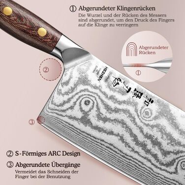 HEZHEN ніж кухарський 21 см дамаст 67 шарів, професійний ніж для кухні з дерев'яною піхвою, full tang ручка з Micarta
