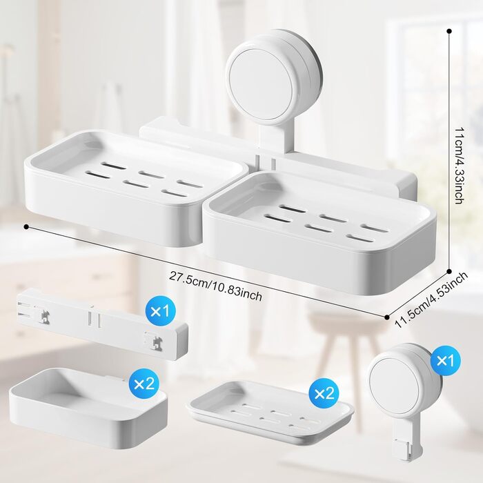 Миска для мила з двошаровою конструкцією та присоском, милотримач на стіну без свердління, милотримач для душу з піддоном, білий, 2 яруси