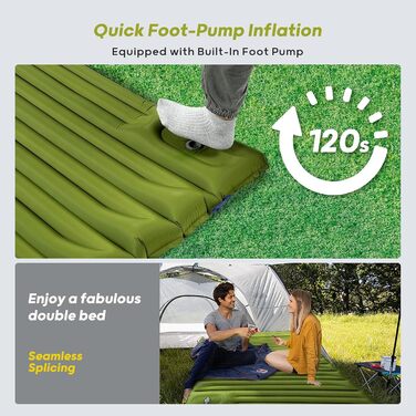 Thick Inflatable Sleeping Pad with Foot Pump and Pillow, Ultralight Camping Air Mattress for Outdoor, Hiking, Bikepacking (Green, Double)