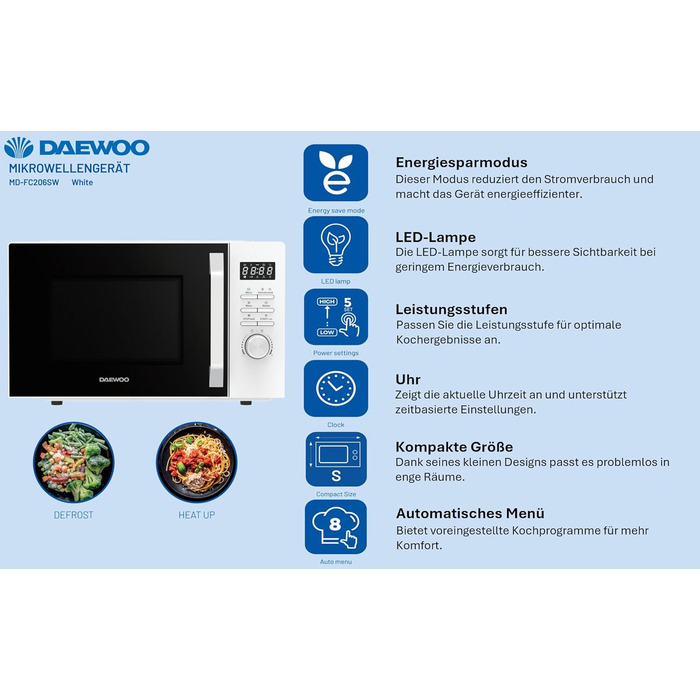 Мікрохвильова піч Daewoo MD-FC206SB 20L, 700W, чорний колір (Solo, White)