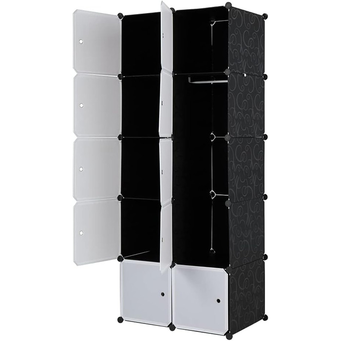 Regal system, 10 cubes, plastic wardrobe with doors, modular cabinet for space-saving storage, 70 x 45 x 175 cm, white door & black cabinet, for storing clothes, shoes, etc.
