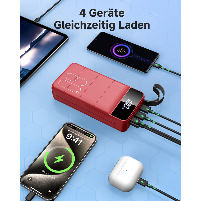 Power Bank 60000mAh 22,5W USB-C PD, Зовнішній акумулятор з 4 портами, Червоний