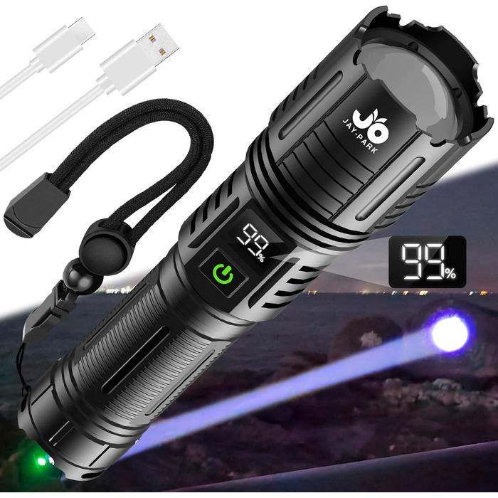 Ліхтар JAY-PARK LED акумуляторний 500000 люменів, тактичний, 5000mAh, 5 режимів, IP67, USB-C, Zoom, 1600м, для кемпінгу, полювання, чорний