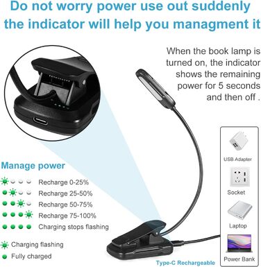 LED-лампа Diboniur для читання з кліпсою, 9 світлодіодів, 3 режими кольору та 3 рівні яскравості, USB-зарядка, гнучка на 360°, для книг в ліжку, енергоклас A+++