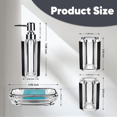 Набір аксесуарів для ванної кімнати з акрилу преміум-класу (4 шт.): диспенсер для миючого засобу, дозатор для лосьйону, мильниця, стакан для ополіскувача, стакан для зубної пасти (чорний, матовий)