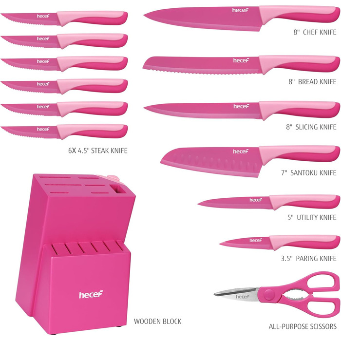 Набір ножів Hecef 14 предметів у блоці, з антипригарним покриттям, для посудомийної машини, самозаточуваний, ергономічні ручки, кухонний набір для будь-якої кухні (рожевий)