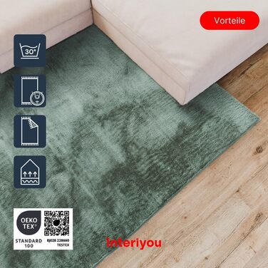 Килим Interiyou Fargo для вітальні 80x150 см - короткий ворс, миється, не ковзає. М'який штучний килим з хутром, довгий ворс (140 x 200 см, прямокутний), зелений