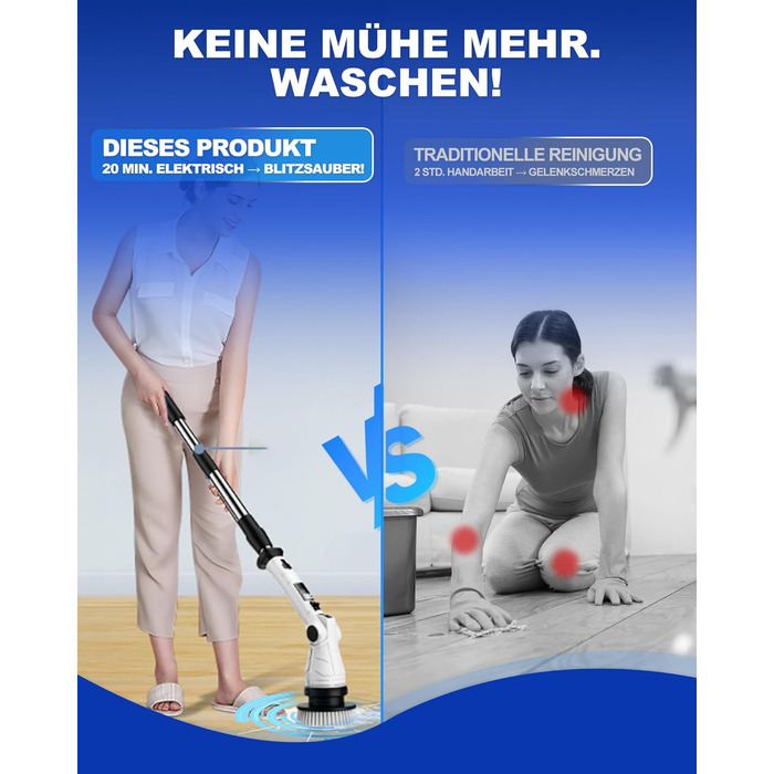 Електрична щітка для прибирання щілин, універсальна для ванної, кухні та авто. 8 насадок, регульована ручка, 3 швидкості. Набір з відром та шваброю