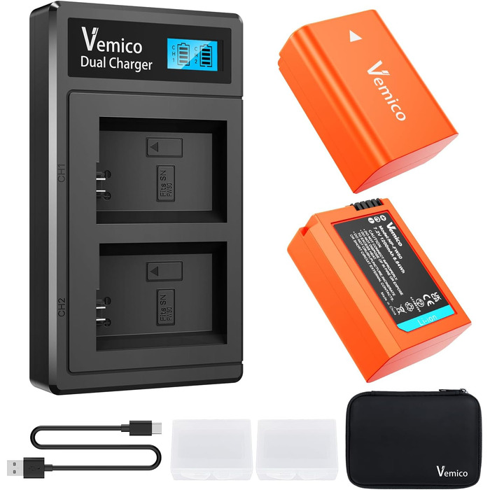 Зарядний пристрій Vemico NP-FW50 для акумуляторів Sony, 2 шт. 1200mAh, LCD, Dual, сумісний з Alpha A6000, A6400, A6300, A6500, A7II, A7RII, A7SII, A7S2, A7R, A7R2, A55, RX10