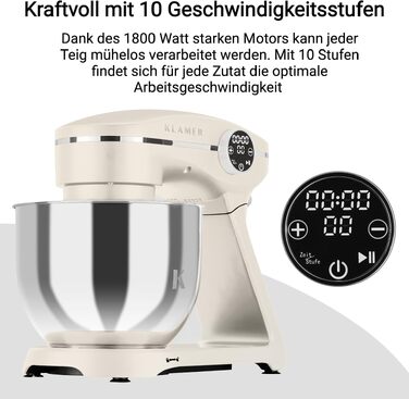 Кухонний комбайн KLAMER 1800W, планетарний міксер для тіста з чашею з нержавіючої сталі 6л (Premium Creme)