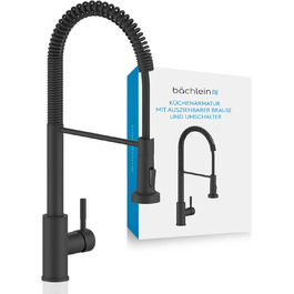 Кухонний змішувач Bächlein Nedo – поворотний на 360°, матовий чорний, з нержавіючої сталі, з гнуким виливом та висувною лійкою, для кухні