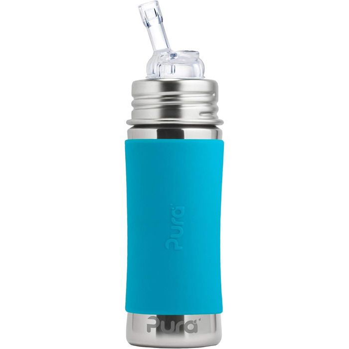 Pure stainless steel bottle with silicone straw & sleeve, aqua (plastic, BPA-free, non-toxic, certified)