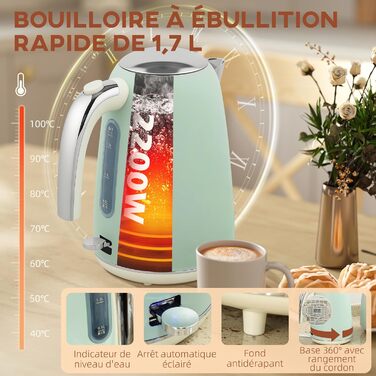 Набір чайник та тостер HOMCOM з нержавіючої сталі, 2200 Вт, 1.7 л, 2-слотовий тостер, 7 рівнів підсмажування, швидкий нагрів, термостат Strix, фільтр від накипу та піддон для крихт, зелений