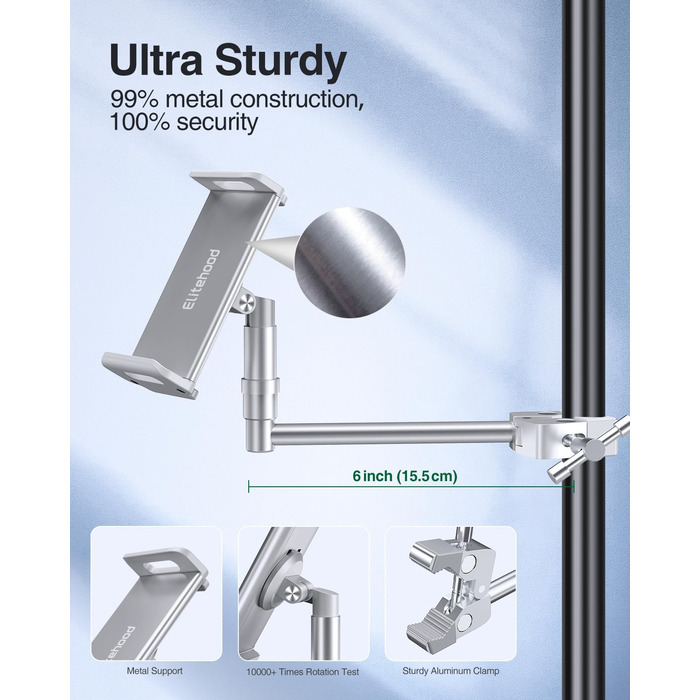 Тримач для iPad з мікрофоном Elitehood: регульований, 360° обертання, сумісний з iPad Pro, Air, Mini та іншими пристроями (4-12.9