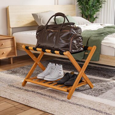 Fully assembled white luggage rack, enhanced bamboo, foldable suitcase stand with 5 nylon straps, luggage holder with shelf for guest rooms, hotel (white luggage rack, 1 piece) (honey, 1 piece)