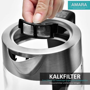 Електричний чайник AMARA з регулюванням температури, 2200 Вт, 2 л, тихий, 50-100°C, EASY-FILL, LED-індикатор температури