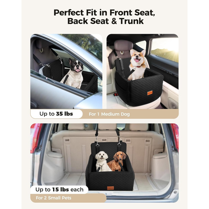 Автокрісло для собак Petcozife - чорний, для собак до 15 кг, знімний, з товстим килимком та 2 страхувальними ременями