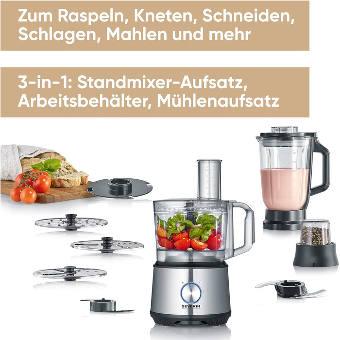 SEVERIN Multifunctional Food Processor for kneading, mixing, grating, shredding, grinding, and more. Food processor with extensive accessories, high-quality multi-grinder, KM 3892 Multifunction: kneading, mixing, grating, shredding, grinding, and more.