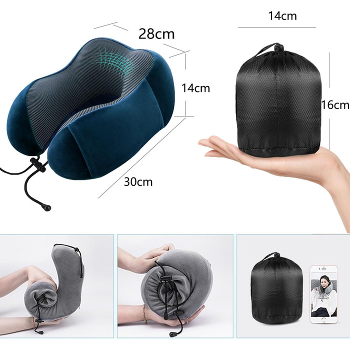 Подушка для шиї MASMAS з Memory Foam, ортопедична, для подорожей (синій комплект)