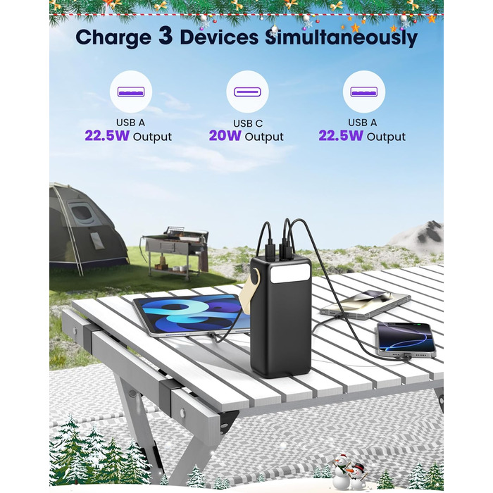 Портативний зарядний пристрій Power Bank 60000mAh з LED-ліхтариком, 22.5W, PD20W, для iPhone/Android, чорний