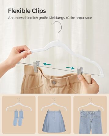 SONGMICS Velvet Clothes Hangers, 20-Piece Set, Pant Hangers, 42.5 cm Long, with Adjustable Clips, Non-Slip, Space-Saving, for Pants, Coats, Dresses, White CRF012W20
