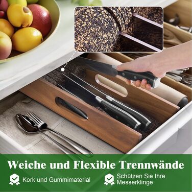 Knife Block Drawer, Knife Holder Drawer with Cork Dividers, Acacia Wood Kitchen Knife Organizer Drawer, Knife Drawer Insert for Drawers or Countertop