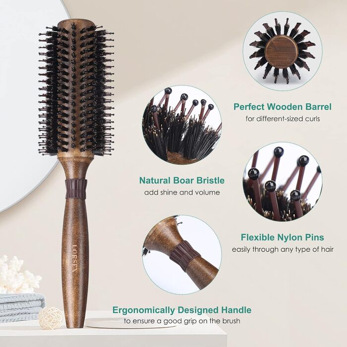 Кругла щітка для розчісування та укладки волосся з щетиною дикого кабана та нейлону, професійна щітка для створення локонів, діаметр 40 мм/70 мм (також доступна 30 мм/60 мм)