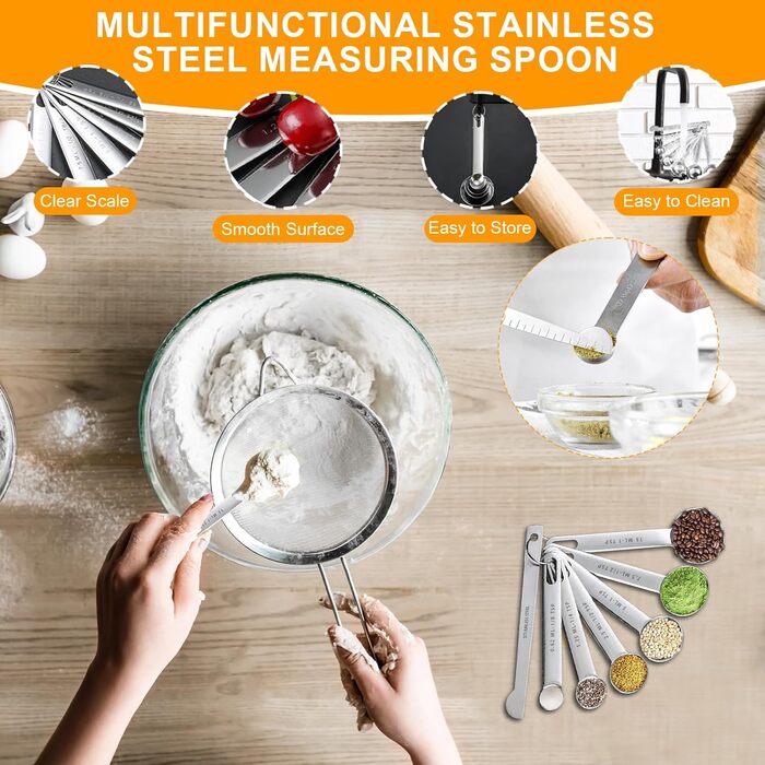 Mixing Bowl 3-Piece Set, Measuring Cup and Measuring Spoon 12-Piece Set, 5 Cup Pitcher & 7 Measuring Spoons, Nesting Cups, Stainless Steel Teaspoons and Tablespoons 18/8 for Baking and Cooking (Silver)
