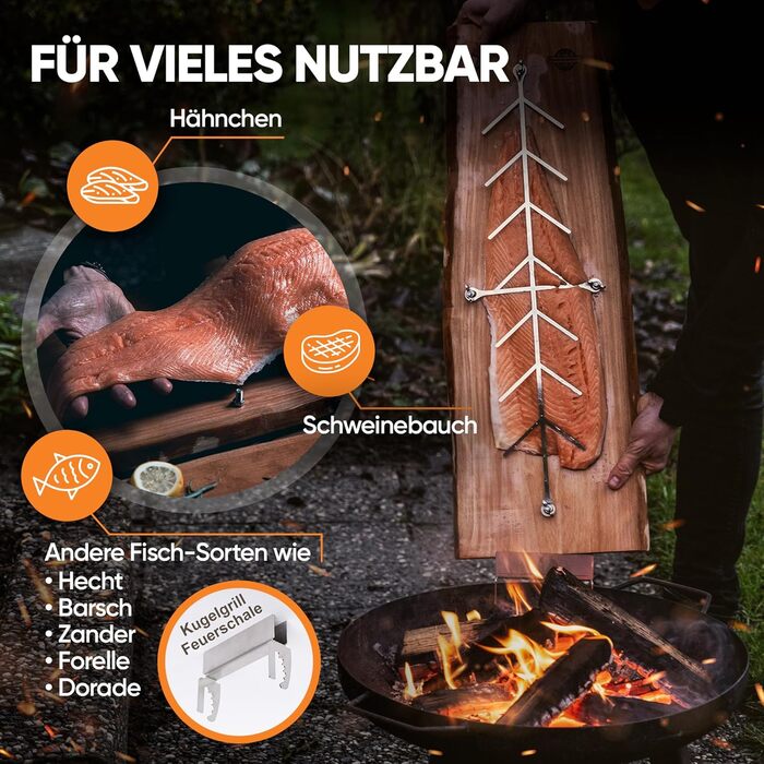 Cedar Grilling Board with Stainless Steel Holder - Durable Larich Wood, 500x175x20mm - Compatible with Fire Pits