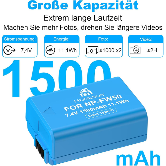 Набір акумуляторів NP-FW50 1300mAh та зарядний пристрій LCD для камер Sony ZV-E10, A6000, A6300, A6400, A6500, A5100, A5000, A7, A7II, A7R, A7RII, A7SII, 7RM2, 7SM2, 7M2, A55, RX10 II, III, IV, NEX-3/5/6/7, NEX-F3 (2 шт. акумулятори + 1 зарядний пристрій)