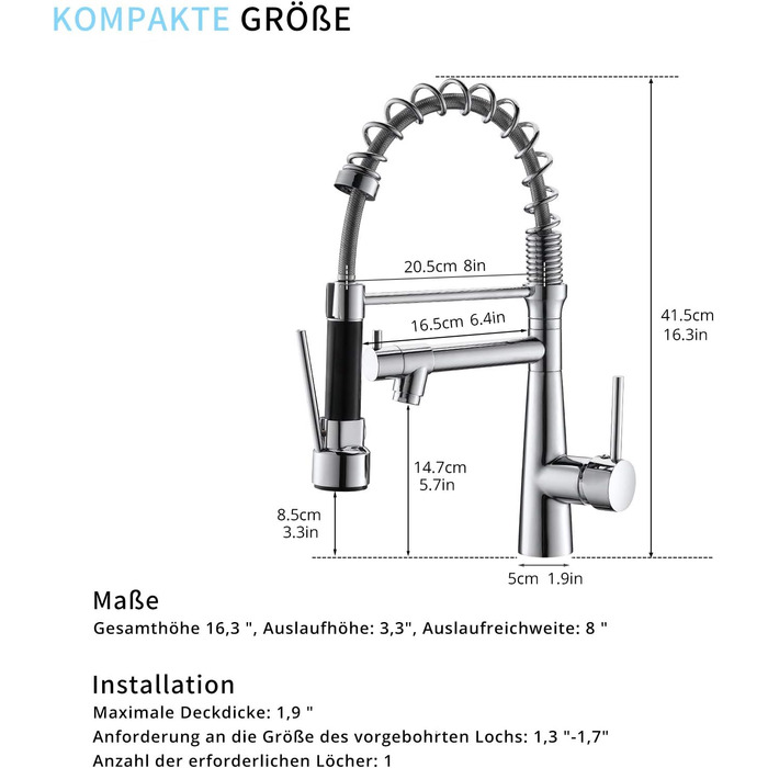 Змішувач кухонний LED Chrome з висувною лійкою, 360° поворот, 2 виходи, для кухні