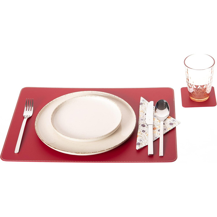 Placemats and Coasters (Set of 4) made from recycled leather, placemats, 4 placemats and 4 coasters, table mats and coasters 10 x 10 cm (Christmas Red, 40 x 30)